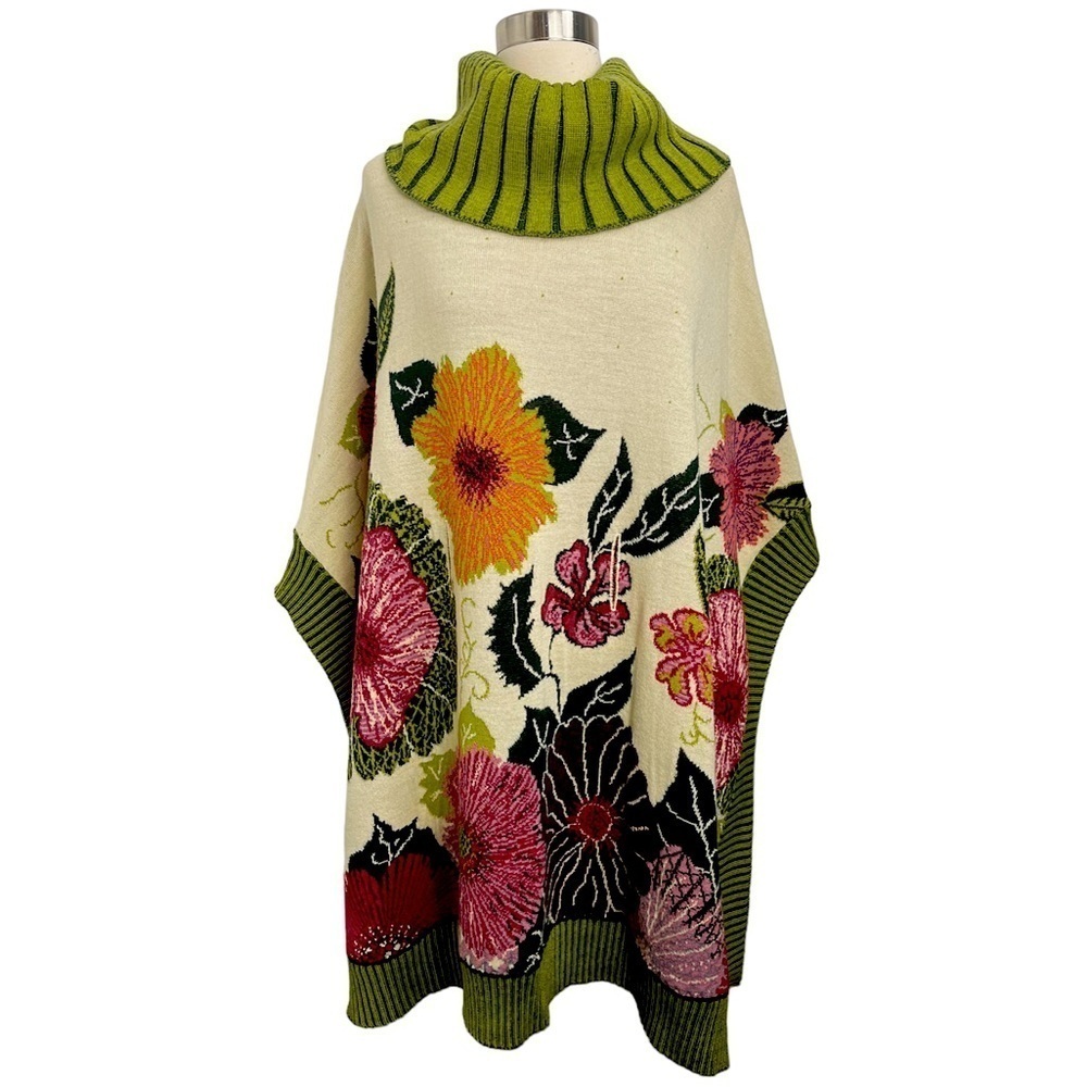 Didier Parakian Floral‎ Multicolored Knit Poncho Sweater With Cowl Neckline O/S